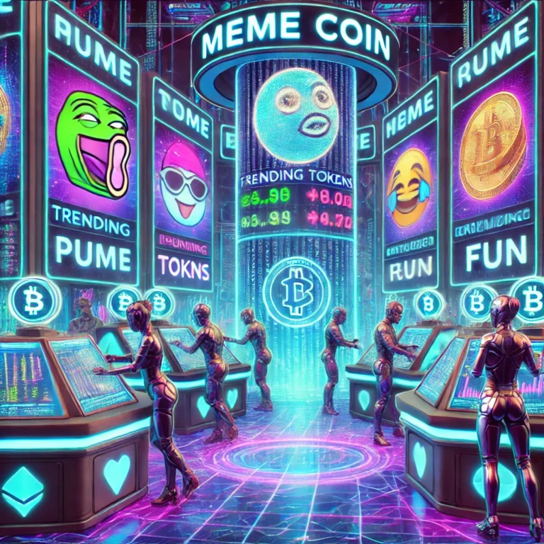 A futuristic cryptocurrency trading platform, showcasing glowing charts, token icons, and blockchain transactions.